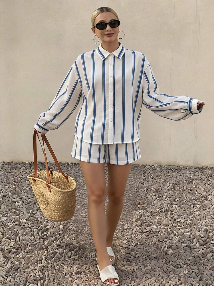 2pcs Women Striped Lapel Shirt Top And Casual Pants Set
