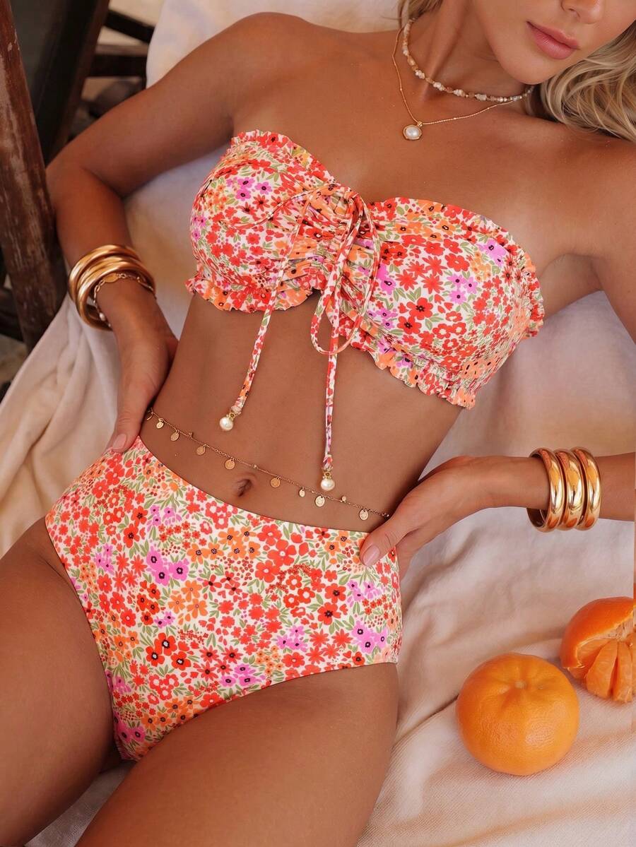 Swim Vcay Women's Summer Beach Vacation New Cute Strapless Floral Ruffled Ditsy Floral Bikini Set Set With Delicate Pearl Pendant And Drawstring Tie - Multicolor - View 1