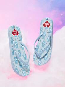 SHEIN X Care Bears 女款可愛卡通夾腳拖鞋 夏季卡通彩虹印花防滑度假沙灘涼鞋 - 淺藍色 - 查看 3