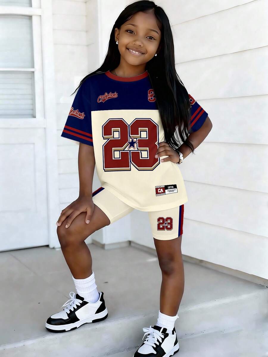 Young Girl 2pcs Set,Digital Print 23 Short Sleeve T-Shirt And Shorts,Comfortable Fashionable Summer Outfits For School,Sport,Back-To-School,SS26 Tops - Multicolor - View 1