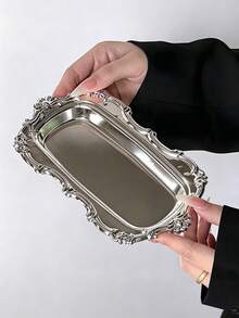 Khay thép không gỉ cổ điển, đĩa tráng miệng dập nổi, đĩa đựng trang sức có gương, đồ trang trí nhà cửa. - Bạc - Xem 8