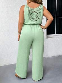 SHEIN Tall CURVE Plus Size Women Sleeveless Jumpsuit With Copper Embroidered Floral Collar And Waist Design - Mint Green - View 2