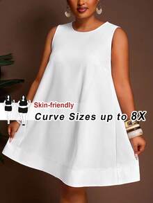 SHEIN CURVE+ Spring/Summer New Arrival Vacation & Casual Solid White Loose Sleeveless A-Line Plus Size Mini Dress For Women - White - View 3