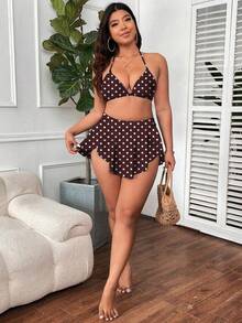 Swim Vcay Plus Size Polka Dot Print Asymmetric Hem Bikini Bottom - Brown - View 3