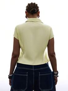 LYSMO Plus Size Summer Minimalist Chic Solid Color Shirt With Button Detail Collar Everyday Pale Yellow - Green - View 2