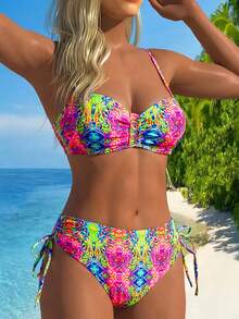 Swim Lushoire Women's Summer Beach Vacation Retro Print Gathered Underwire Bikini Set Top Paired With High Waist Drawstring Swim Shorts Bikini Set - Multicolor - View 3
