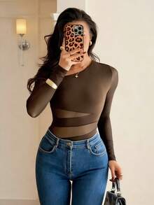 Rafferiza Eleganter taillierter, sexy Bodysuit mit schräger Kragen-Einsätzen aus Mesh, Langarm, Schwarz, Herbst/Winter - Kaffeebraun - Übersicht 3