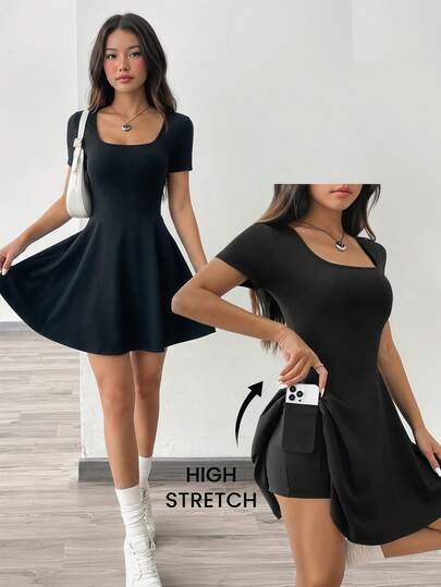 Teen GirlSummer Casual Basic Sports Yoga Fitness Square Neck Short Sleeve Snug Fit Mini Dress