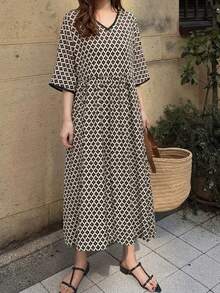 FRIFUL Women's Geometric Print V-Neck Dress - Black - View 6