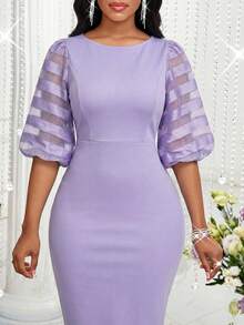 SHEIN Lady Đầm midi tay cánh hoa bằng vải lưới thanh lịch dành cho nữ, thích hợp cho mùa hè. - Màu tím - Xem 5