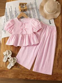 Emery Rose Kids Emery Rose Kids 女童編織格紋花瓣袖上衣與寬鬆長褲2件套 - 粉色 - 查看 6