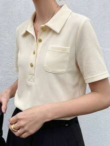 FRIFUL 女士修身 Polo 领金属纽扣装饰短袖 T 恤，夏季 - 杏色 - 查看 2