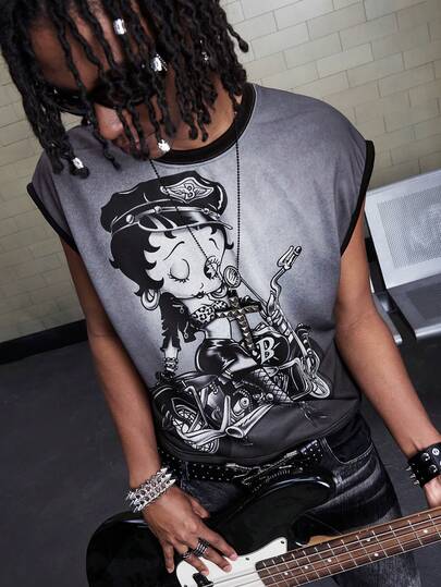 ROMWE MEN Betty Boop | ROMWE Men's Y2K Casual Fashionable Street Everyday Commute Cartoon Character Ombre Print Loose Fit Tank Top, Summer