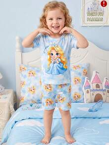 2pcs/Set Young Girls Cartoon Princess Print Snug Fit Short Sleeve Top And Shorts Pajama Set - Multicolor - View 5
