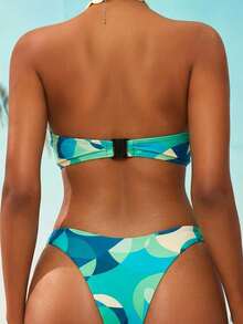 Swim Vcay Women's Summer Beach Vacation Style Patchwork Print Metal Ring Decor Ruched Bust Separate Bikini Set - Teal Blue - View 2