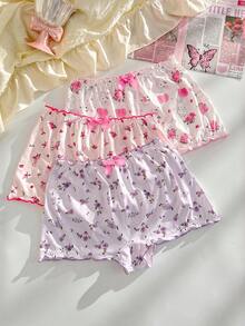 PetitDoll 3件套女士可爱碎花荷叶边蝴蝶结后系带低腰内裤套装 - 彩色 - 查看 10