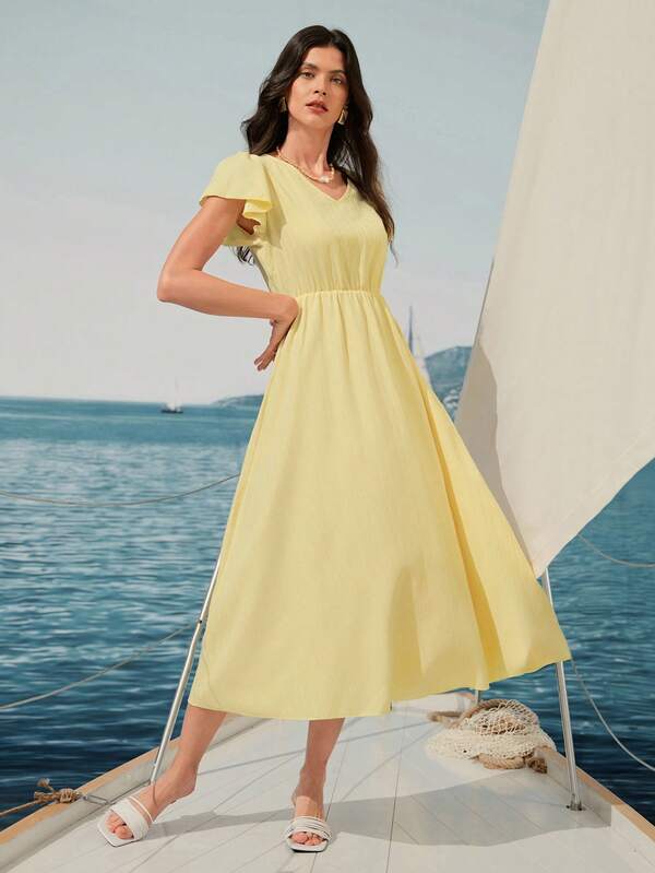 Ria Solene Vestido con cuello en V, mangas con volantes, cintura ceñida, pliegues y vuelo, estilo casual de vacaciones, color amarillo claro, primavera/verano