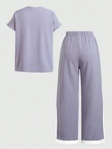SHEIN 少女撞色针织纯色拼接缎带落肩短袖T恤和裤子两件套休闲套装，返校季/情人节/夏季 - 紫色 - 查看 2