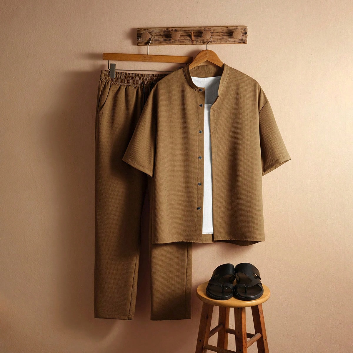 Traje casual de camisa de manga corta de un solo pecho de unicolor y pantalones para hombre