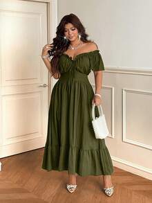 Vionelle Plus Size Retro Hong Kong Style Off Shoulder Ruched Elegant Short Sleeve Dress - Army Green - View 3
