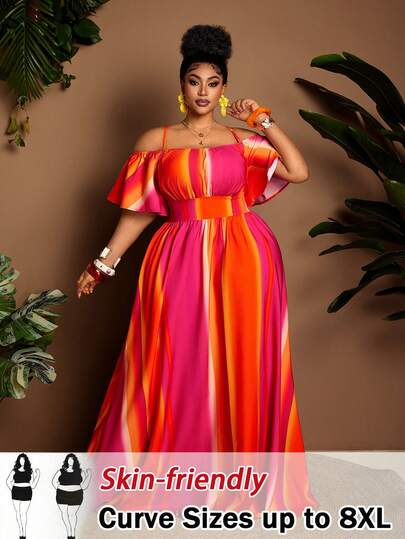 SHEIN CURVE+ Vestido de talla grande sexy con hombros descubiertos y cintura ceñida, con un ajuste favorecedor, adecuado para Halloween, primavera/verano