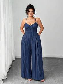 Elenzga Tuta elegante con stampa floreale e cintura regolabile per donne taglia forte, adatta per l'inizio della primavera - Blu Navy - Visualizzare 4