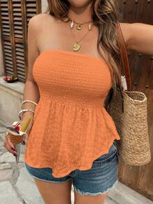 Top bandeau de diseño fruncido de unicolor con bajo asimétrico de moda para vacaciones de mujer - Naranja Coral - Ver 6