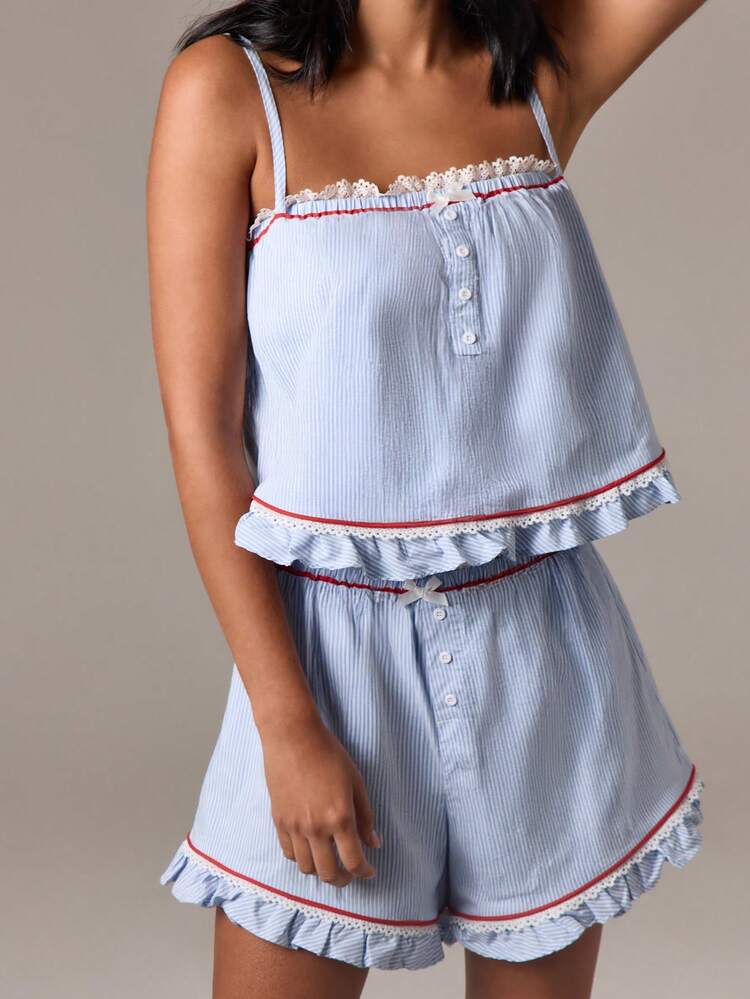 Striped Cami Top With Ruffle Trim And Buttons