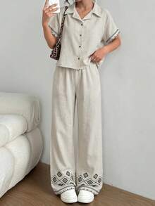 Nakışlı Kısa Kol Keten TakımCasual Casual Front Button Pockets - Beige - View 6
