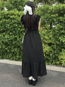 FRIFUL Đầm dài nữ chấm bi dáng suông, cài một hàng cúc, tay loe. - màu đen - Xem 4