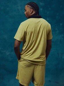 Musero Áo polo tay ngắn cổ tương phản, vai rớt, túi trước, cài cúc, kiểu áo thun dài tay, chỉ có áo thun, thích hợp cho mùa xuân hè và các dịp lễ hội. - Màu vàng - Xem 3