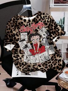 Betty Boop x SHEIN Áo thun nữ tay ngắn cổ tròn in họa tiết da báo - trắng - Xem 1