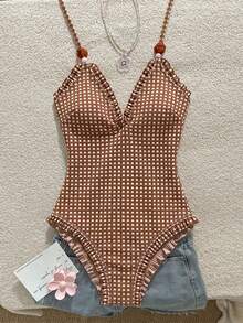 Swim Mod 女童特制粉色蕾丝吊带连体泳衣 - 咖啡棕 - 查看 4