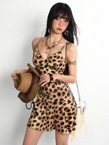 INAWLY Vestido camisero sexy de mini longitud con estampado de leopardo y drapeado para citas y fiestas - Caqui - Ver 6