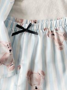 2pcs Set Piyama Nyaman untuk Anak Perempuan, Terbuat dari Sutra Imitasi dengan Motif Beruang Bergaris dan Atasan Camisole serta Celana Pendek - Blue and White - View 5