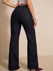Elaquor Große Größen Jeans für Frauen, hohe Taille weites Bein lässig schräge Taschen Alltag Denim, vielseitiger Y2K-Stil für große Frauen, dunkle Waschung - Schwarz - Übersicht 2