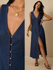Poéselle Đầm denim nữ cổ chữ V cài một hàng khuy, không tay, kiểu dáng thường ngày. - Màu xanh lam - Xem 3