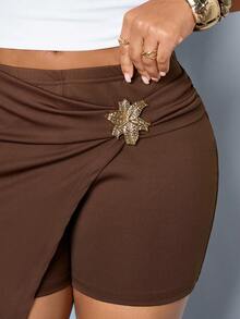 SOLERSUN Women's High Waisted Pastal Shorts With Bling Flower Buckle, Ruched Bodycon Asymmetric Wrap Skort, Summer Sexy Night Vacation Holiday Dark Brown - Brown - View 9