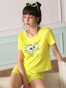 SpongeBob SquarePants | SHEIN Chillnights Cartoon Print Young Energetic Cute Short Sleeve & Shorts Women Pajama Set - Yellow - View 5