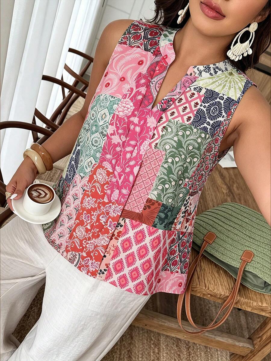 Weeklong Plus Size Women Spring/Summer Placement Print Sleeveless Casual Vacation Shirt Blouse - Multicolor - View 1