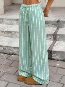 SHEIN Pantalones rectos de tela holgados con rayas verdes para vacaciones informales para niñas preadolescentes, cómodos - Verde - Ver 6