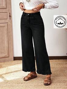 EMERY ROSE Plus Size Women Street Casual Comfortable Mid-Blue Non-Stretch Ruffle Hem Straight Leg Jeans - Black - View 8