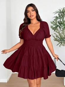 Vionelle Plus Size Elegant V-Neck Puff Sleeve Ruched Chiffon Dress - Burgundy - View 6