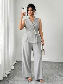 Elenzga Plus Size Women Commuting Minimalist Striped Vest And Pants 2 Pieces Set - Light Grey - View 5