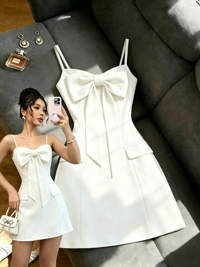 SHEIN Franclia Sexy & Fashionable Fitted Waist Dress With Bow Decor Faux Pockets, Suitable For Party, Casual, Business Occasions