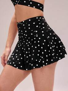 SHEIN Velisys Bộ 2 món chân váy thể thao nữ & quần váy, chân váy mini chấm bi xếp ly gấu quyến rũ thanh lịch chống hở - màu đen - Xem 3