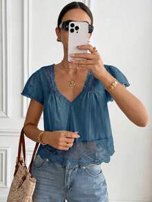 Nuevo 2026 Blusa suelta de unicolor con contraste de encaje y lazo en la espalda para mujer - Azul - Ver 8