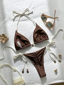 Swim Mod 2件套女士纯色细肩带金属装饰性感比基尼套装，春夏款 - 棕色 - 查看 4