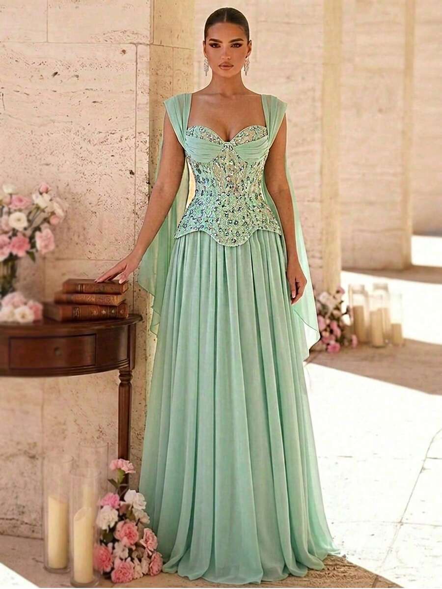 Glamrae Luxurious Lace Sequin Chiffon Formal Ball Gown,Elegant Dignified Pleated Super-Sized Skirt Dress For Wedding,Bachelorette Party,Vacation&Formal Dinner