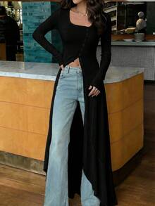 Firerie Women's Solid Color Minimalist Daily Wear Split Hem Long Sleeve T-Shirt - Black - View 2